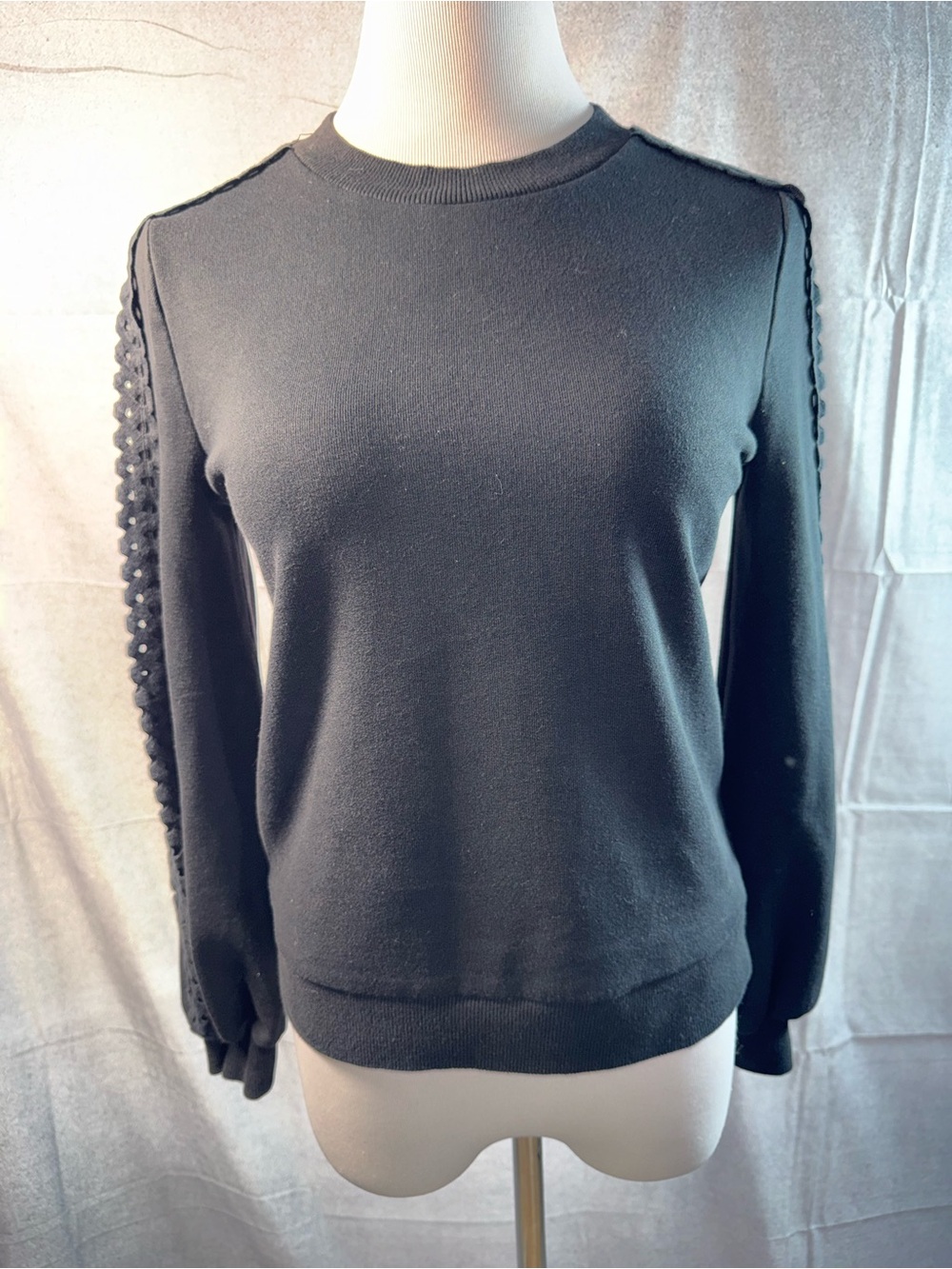 1737-Who What Wear Black Crewneck Sweater with Ladder-Style Sleeve Detail